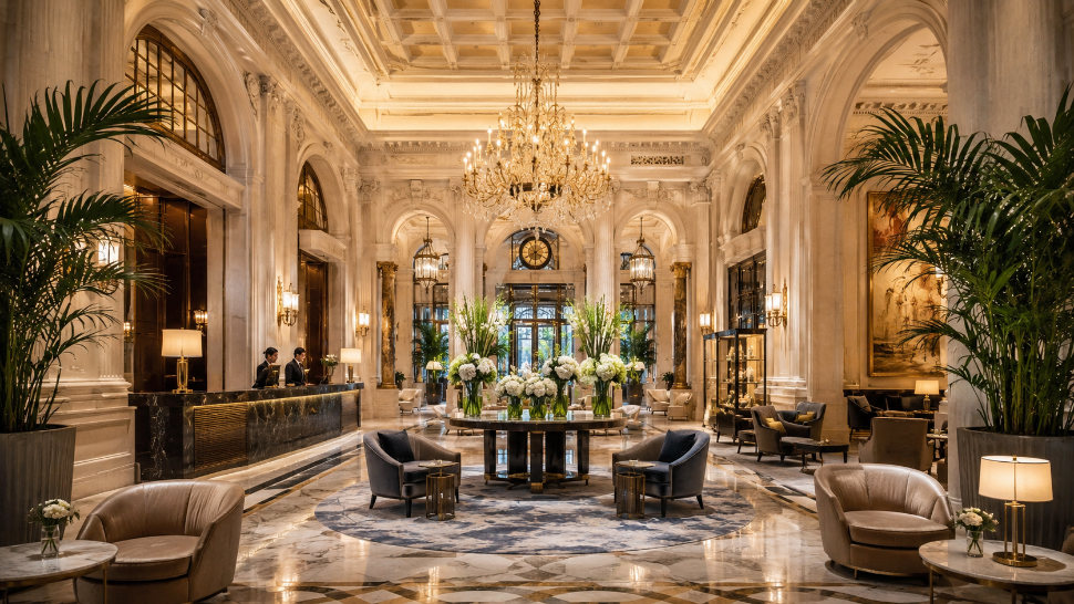 Luxury hotel lobby illustrating guest experience and European hospitality